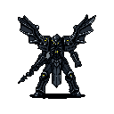 A formidable, armored warrior stands defiantly against a black void, its spear and glowing eyes hinting at immense power. Metallic wings extend from its back, completing the intimidating silhouette of this dark fantasy or sci-fi figure.