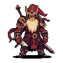 A heavily armored, dwarf-like warrior stands ready for battle, his fiery red helmet and long, creamy yellow beard contrasting against his dark armor. The pixel art emphasizes his strength and stern determination, hinting at a regal fantasy setting.