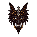 This pixel art showcases a menacing canine-like mask with intricate detailing and a piercing gaze. The dark color palette accented with bright whites and gold evokes a sense of ancient power and primal energy.