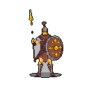 A pixelated warrior stands ready for battle, spear in hand and shield raised, in a display of strength and determination. The earthy color palette and stylized armor evoke a sense of ancient or fantasy warfare.