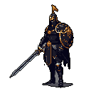 A heavily armored knight stands ready for battle, sword in hand and shield raised, rendered in striking black and gold pixel art. The image captures a sense of power and solemnity through its intricate detail and regal color scheme.