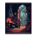 A pixel art blacksmith toils at his anvil beside a fiery forge, a scene of focused labor and rustic warmth.