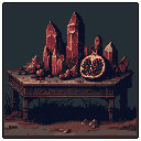 A pixel art still life features striking reddish-brown crystal formations and a halved pomegranate displayed on an ornate wooden table. The scene evokes a sense of mystery with its earthy tones and intriguing juxtaposition of natural elements and antique craftsmanship.