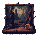 This pixel art still life features a framed painting of a desolate mountain landscape, contrasted by two pomegranates, one cut open, resting on a ledge. The scene evokes a sense of quiet contemplation and the passage of time with its muted colors and somber atmosphere.
