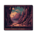 This pixel art image captures a dramatic valley vista framed by rocky overhangs, hinting at a hidden path or cave entrance. A winding river reflects the twilight sky amidst jagged rock formations and distant, castle-like structures, evoking a sense of ancient mystery and exploration.
