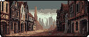 This pixel art showcases a somber, ancient city street with weathered buildings receding into the distance, hinting at a forgotten or struggling place. A taller, imposing structure looms in the background, adding to the city's historical weight and slightly melancholic atmosphere.