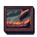 A pixel art image captures a dramatic disaster: a burning airship plummets from the sky towards a fiery, devastated landscape under a stormy sky. The scene evokes a sense of historical tragedy and destruction, framed as a piece of art.
