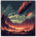 A fiery airship plummets from the sky in this dramatic pixel art scene of apocalyptic destruction. The scorched landscape below emphasizes the impending doom of the crashing blimp amidst a swirling, stormy sky.