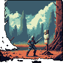 A lone, armored figure practices combat against a training dummy in a desolate, alien landscape. The pixel art captures a moment of focused determination amidst a harsh, atmospheric setting.