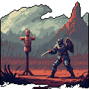 A heavily armored knight, accented in red, practices their swordsmanship against a wooden training dummy in a muted, medieval-inspired landscape. The pixel art captures a moment of focused discipline and preparation for battle.