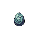 A mysterious, egg-shaped object with a swirling, hypnotic pattern dominates this pixel art image. Set against a stark black void, the cool-toned design evokes a sense of something contained and waiting within.