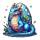 A cute, blue baby dragon with amber eyes sits contentedly in a fantasy setting. The pixel art captures the dragon's gentle expression and rotund form, creating a charming and peaceful scene.