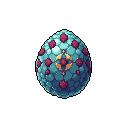 A mesmerizing pixel art orb, possibly an egg or crystalline object, floats against a black void, adorned with teal scales, ruby protrusions, and a central golden emblem. The striking color palette and intricate details evoke a sense of exotic wonder and hint at a precious, perhaps magical artifact.