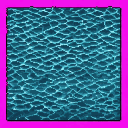 This pixel art image features a field of stylized, rippling water in cool blues and teals, creating a sense of calm dynamism. The abstract texture is framed by a vibrant pink border, adding a playful, artificial contrast to the naturalistic depiction.