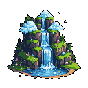 A pixel art floating island showcases a stunning multi-tiered waterfall cascading down a lush, rocky mountain. Sparkling details and vibrant colors create a peaceful, magical scene.