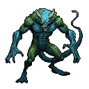 A menacing, pixelated aquatic monster lunges from the darkness, its teal and green scales radiating a predatory vibe. The creature's snarling expression and poised stance suggest an imminent attack.