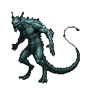 A menacing, teal-toned reptilian creature with sharp spikes and claws stands poised against the darkness, its textured skin hinting at a primal danger. This pixel art monster evokes a feeling of isolation and lurking threat.