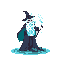 A pixel art wizard, radiating magical energy from his glowing beard and wand, stands confidently in a shallow pool. His teal cloak and white beard contrast with his dark robe, creating a cool and mysterious aura.