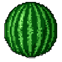 This pixel art image showcases a whole watermelon with detailed green stripes against a stark black background. The simple yet effective design captures the fruit's essence, making it ideal for use in games or graphic interfaces.