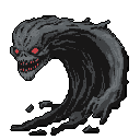 A monstrous, swirling shadow entity with glowing red eyes and teeth lunges forward in this striking pixel art. The dark and ominous design creates a chilling and fantastical sense of dread.