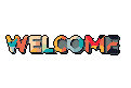 This pixel art piece showcases a vibrant and fragmented "WELCOME" in a mosaic of colors. The stylized text pops against the black background, creating an inviting and playful retro-digital aesthetic.