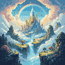 A magnificent pixel art celestial city, complete with golden spires and towers, reigns atop a mountainous cloudscape with cascading waterfalls. Framed by a pastel sky and a vibrant rainbow, the image evokes a sense of awe and wonder at this peaceful, magical paradise.