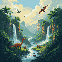 A pixel art family of reddish-brown sauropods graze peacefully in a vibrant prehistoric valley, while Pteranodon-like creatures soar overhead.