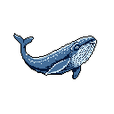 A majestic humpback whale gracefully swims through a dark abyss, its pixelated form rendered in cool blues and grays, highlighting the beauty and mystery of this solitary creature.