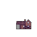 A pixelated, stylized house in shades of brown and purple stands starkly against a black background, evoking a sense of loneliness. The simple structure features a two-story section with a peaked roof connected to a single-story garage.