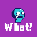 A pixelated blue head with wide eyes and an open mouth exclaims "What!" in large, blocky letters, capturing a moment of humorous surprise and disbelief.