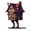 This pixel art shows a quirky, multi-story house brought to life, elevated and ready to roam on sturdy, tree-trunk legs. The rustic dwelling, with its reddish-brown roof and charming details, evokes a fantastical and nostalgic mood.