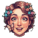 This pixel art portrait captures a young woman's joyful expression as she gazes upward with wonder, her hair adorned with delicate flowers and a butterfly. The piece evokes a sense of innocence and whimsical beauty.