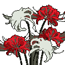 This pixel art showcases a striking bouquet of red and off-white spider lilies, their delicate, spiky petals rendered in high contrast against a black background. The stylized floral arrangement evokes a sense of quiet beauty and subtle melancholy.