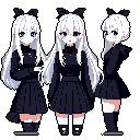 This pixel art showcases a character design sheet of a melancholic anime girl with flowing white hair in various poses. Dressed in a dark outfit, her expressions convey shyness and introspection.