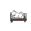 A curious white dog leans towards a pixelated potted plant on a wooden surface, captured in a peaceful and whimsical pixel art scene. The simple color palette and stark black background emphasize the quiet interaction between the two subjects.
