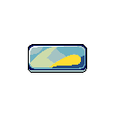A stylized pixel art icon features a dynamic wave-like shape in cool blues, contrasted by a vibrant yellow flame-like element, suggesting energy and movement. The design, bordered in darker blues, pops against the stark black background, creating a clean and minimalist feel.