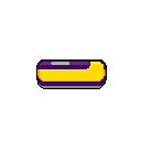 This pixel art features a vibrant yellow and purple electronic device, reminiscent of a retro portable music player, accented with a silver detail. The rounded, pill-shaped object stands out against the stark black background, giving it a modern and iconic feel.