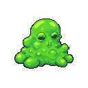 This pixel art features a green slime creature with a skull-like face, its bubbly form rendered in shades of green. The unsettling yet comical design stands out against a stark black background.
