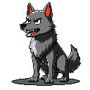 This pixel art features an adorable wolf puppy with a playful grin and inquisitive eyes. The stylized canine, rendered in muted grays and pink accents, stands ready to pounce, exuding cuteness and a hint of mischief.