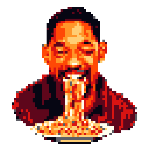 This pixel art portrait captures Will Smith in a joyful moment, enthusiastically devouring a plate of spaghetti. His expressive smile and mid-bite pose create a humorous and lighthearted image.