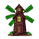 A rustic, pixel art windmill with vibrant green, leafy sails stands illuminated against the night. Its warm, glowing windows hint at a cozy life within the isolated, multi-story structure.