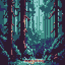Immerse yourself in this pixel art forest scene, where towering trees and lush foliage create a tranquil clearing bathed in dappled sunlight. The cool color palette evokes a sense of quiet solitude and the mysterious beauty of nature.