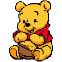 This pixel art image captures a joyful Winnie the Pooh sitting and indulging in his favorite treat, honey, with a blissful expression. The simple, retro style and warm color palette evoke a feeling of nostalgia and childlike delight.