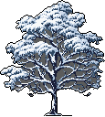 A solitary, snow-laden tree dominates this pixel art image, its branches heavy with crisp white snow against a stark black background. The monochromatic palette emphasizes the tree's resilience and the quiet beauty of winter.