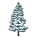 A lone, snow-laden evergreen tree is rendered in classic pixel art, its branches heavy with white and light blue snow. The image evokes a sense of wintery solitude with its focus on the solitary tree against a black backdrop.