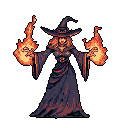 A powerful pixel art witch stands ready, arms outstretched and wielding balls of fiery magic. The dramatic image, rendered in contrasting purples and oranges, captures a moment of intense focus and formidable elemental power.