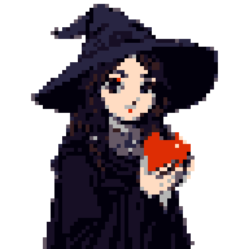 A cute pixel art witch offers a bright red apple, her friendly expression and dark attire hinting at fairytale charm. The limited color palette adds to the whimsical feel of the image.