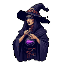 This pixel art depicts a young witch, intently holding a glowing purple potion. Her thoughtful expression and classic attire evoke a sense of mystery and traditional fantasy. The dark color scheme emphasizes the potion's magical focal point.