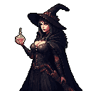 A mysterious, pixelated witch holds a glowing pink potion, her dark attire contrasting with the vibrant liquid in her raised hand. Her gaze meets yours, hinting at brewing magic and secrets.