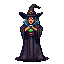 A pixel art witch with blue hair and a tall hat clutches a glowing green orb, her expression a mix of surprise and mystery.